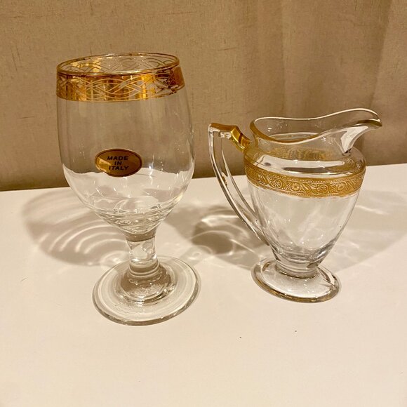 Vintage Wine Goblet & Carafe Set with Gold Leaf Band, Made in Italy, Elegant Déc - Picture 3 of 7